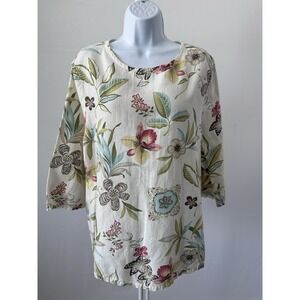 Sz: 1X Ivory Floral Linen Cotton Top by Hot Cotton (B54) Summer Spring